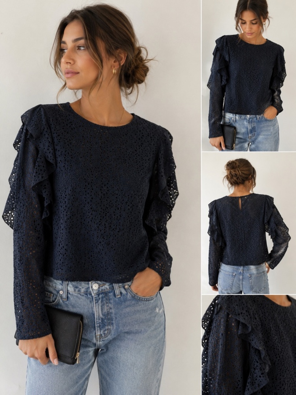 Line and dot lace ruffle long sleeve top size small
